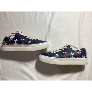 Soludos Navy Blue Leather Floral Embroidered Platform Sneakers Womans leather